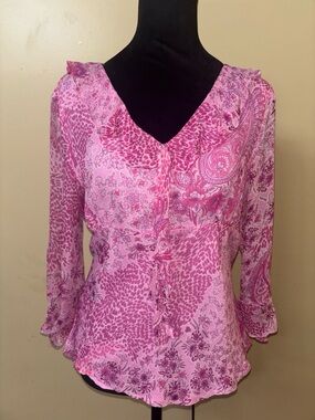 Y2k Pink Silk Floral Ruffled V-Neck babydoll Blouse - Women